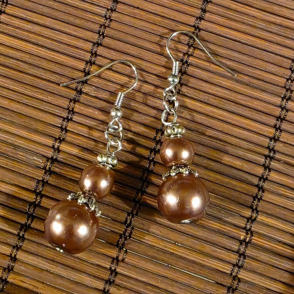 Handcrafted Bronzed Brown Antiqued Silver Glass Pearl Drop Earrings